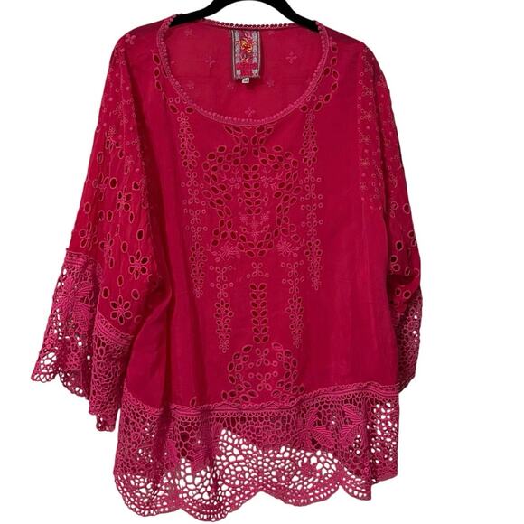 Johnny Was Pink Embroidered Crochet Floral Boho Blouse Top Size Medium - Picture 1 of 4